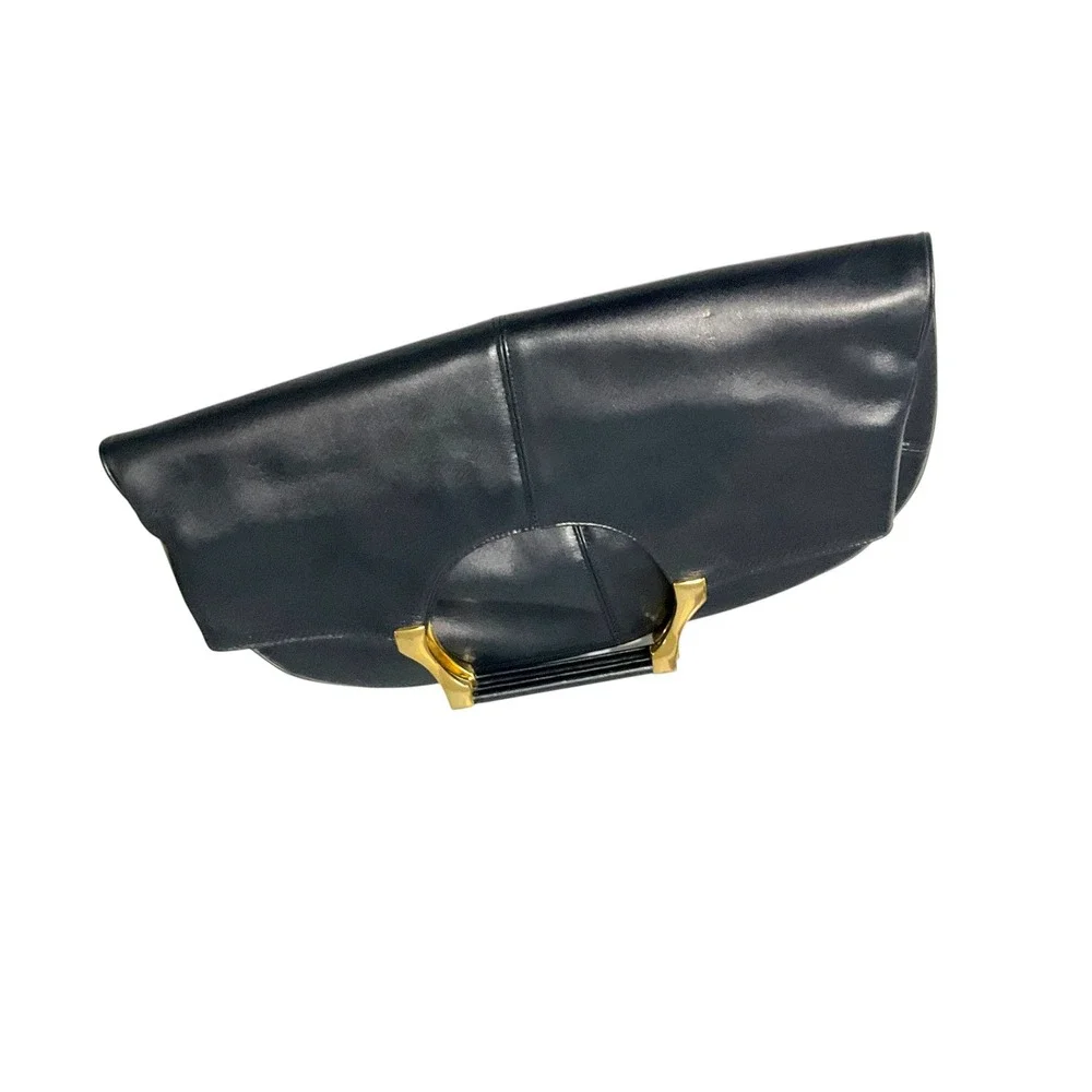Vintage Style Black Leather Convertible Tote Oversized Clutch‎ Gold Hardware